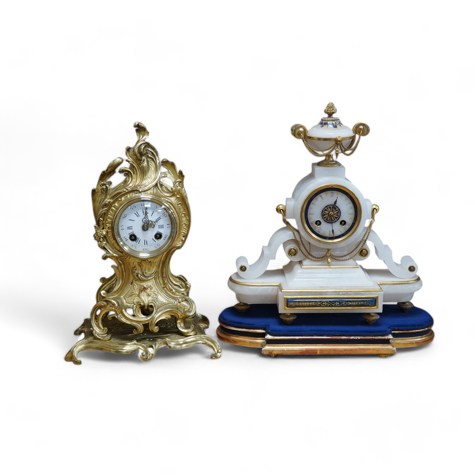 A late 19th century French ormolu mantel clock and another clock in an alabaster case, 39cm. Condition - fair to good